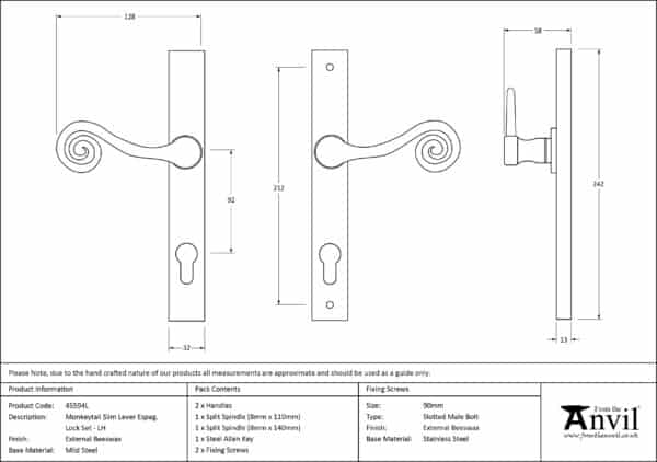 External Doors Beeswax Monkeytail Slim. Lever Espag. Lock Set - LH 3