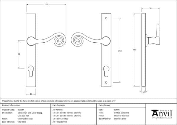 External Doors Beeswax Monkeytail Slim. Lever Espag. Lock Set - RH 3