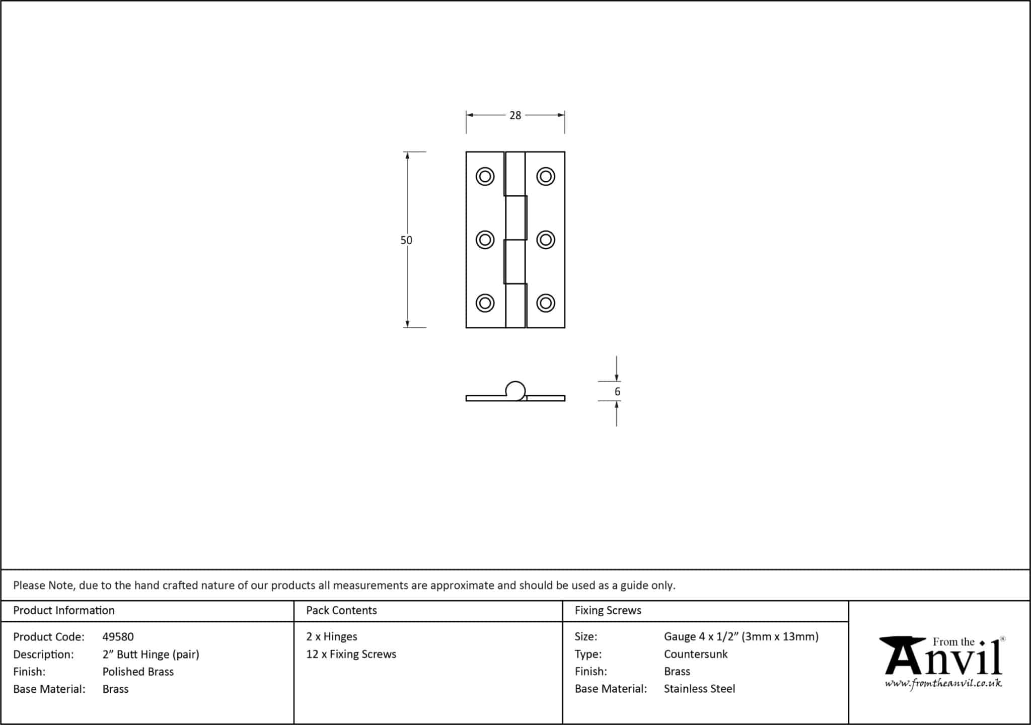 Polished Brass 2" Butt Hinge (pair) 2