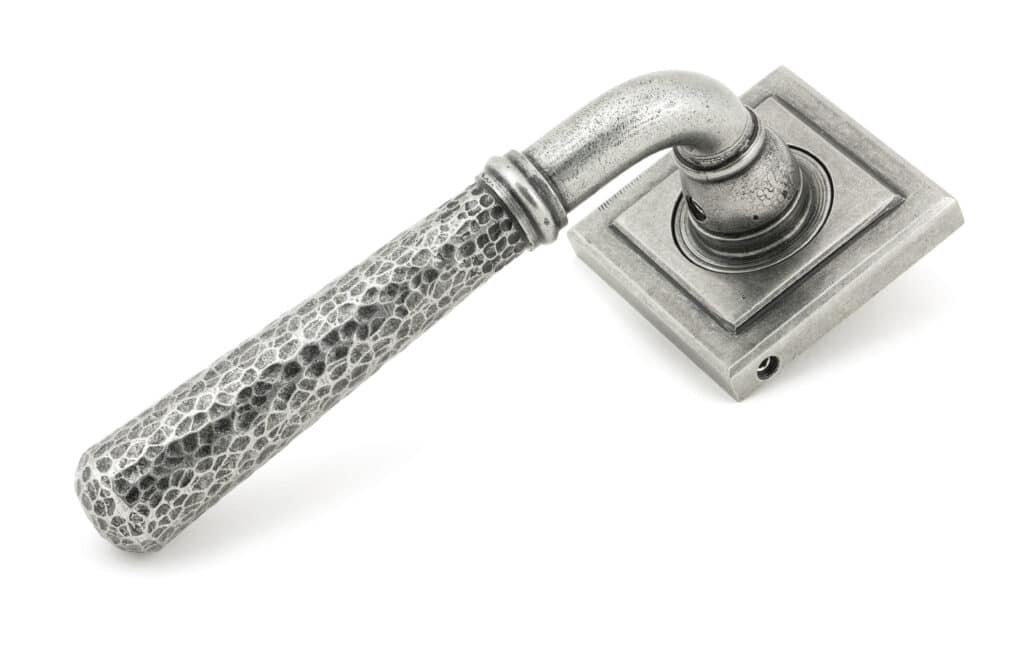 Pewter Hammered Newbury Lever on Rose Set (Square) - Unsprung 1