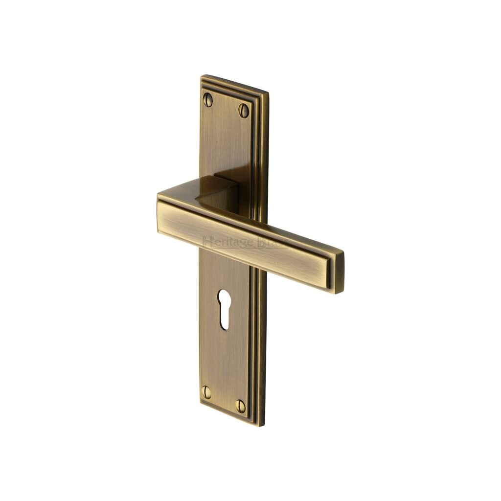 Heritage Brass Door Handle Lever Lock Atlantis Design Satin Nickel Finish 1