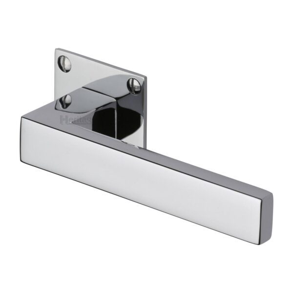 Heritage Brass Door Handle Lever Latch on Square Rose Trident Design Polished Chrome Finish 1