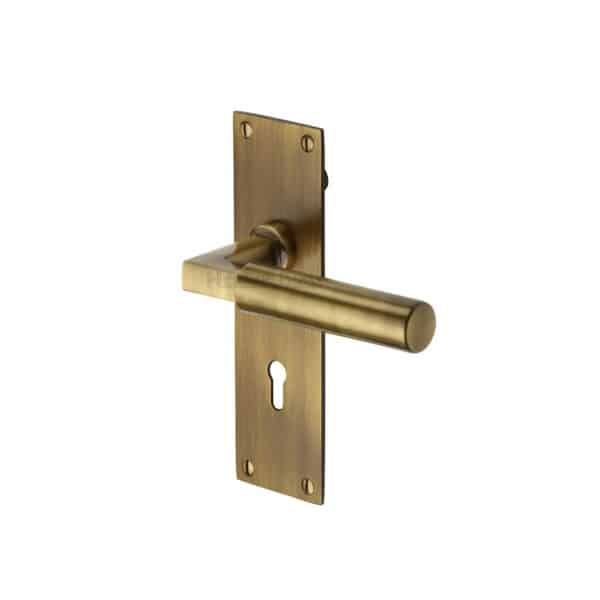 Heritage Brass Door Handle Lever Lock Bauhaus Design Satin Nickel Finish 1