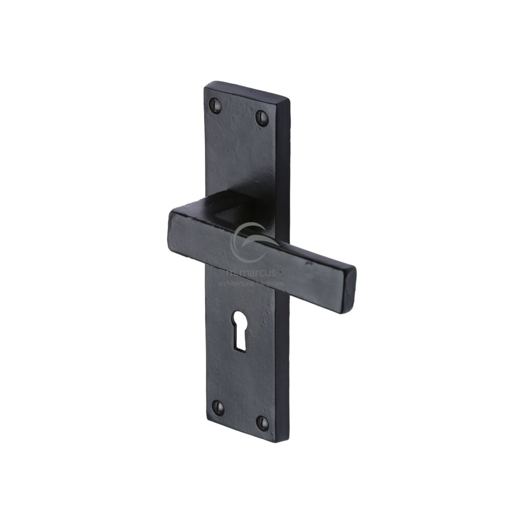 Black Iron Rustic Door Handle Lever Lock Ludlow Design 1