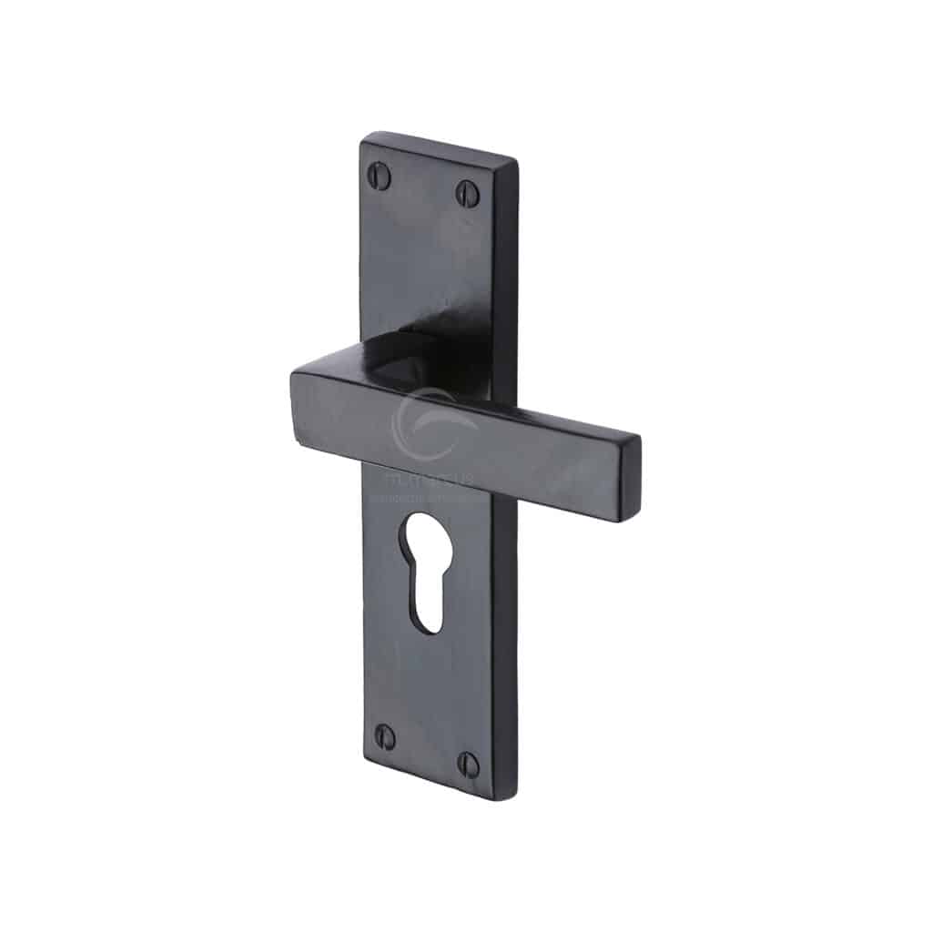 Black Iron Rustic Door Handle Euro Profile Plate Ludlow Design 1