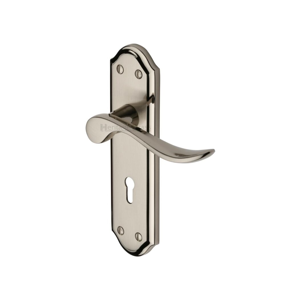 Heritage Brass Door Handle Lever on Rose Bauhaus Square Design Satin Nickel Finish 1