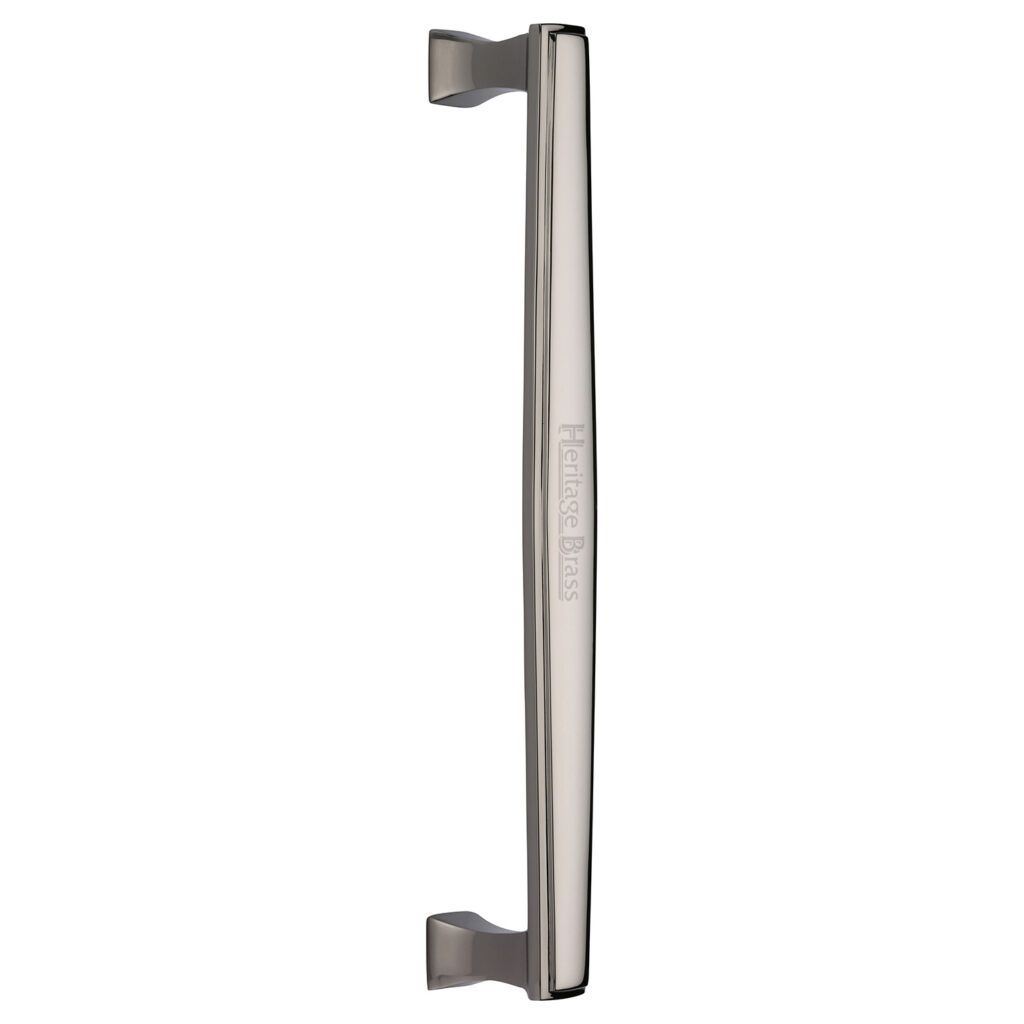 Heritage Brass Door Handle Lever Latch on Round Rose Metro Angled Design Satin Chrome Finish 1