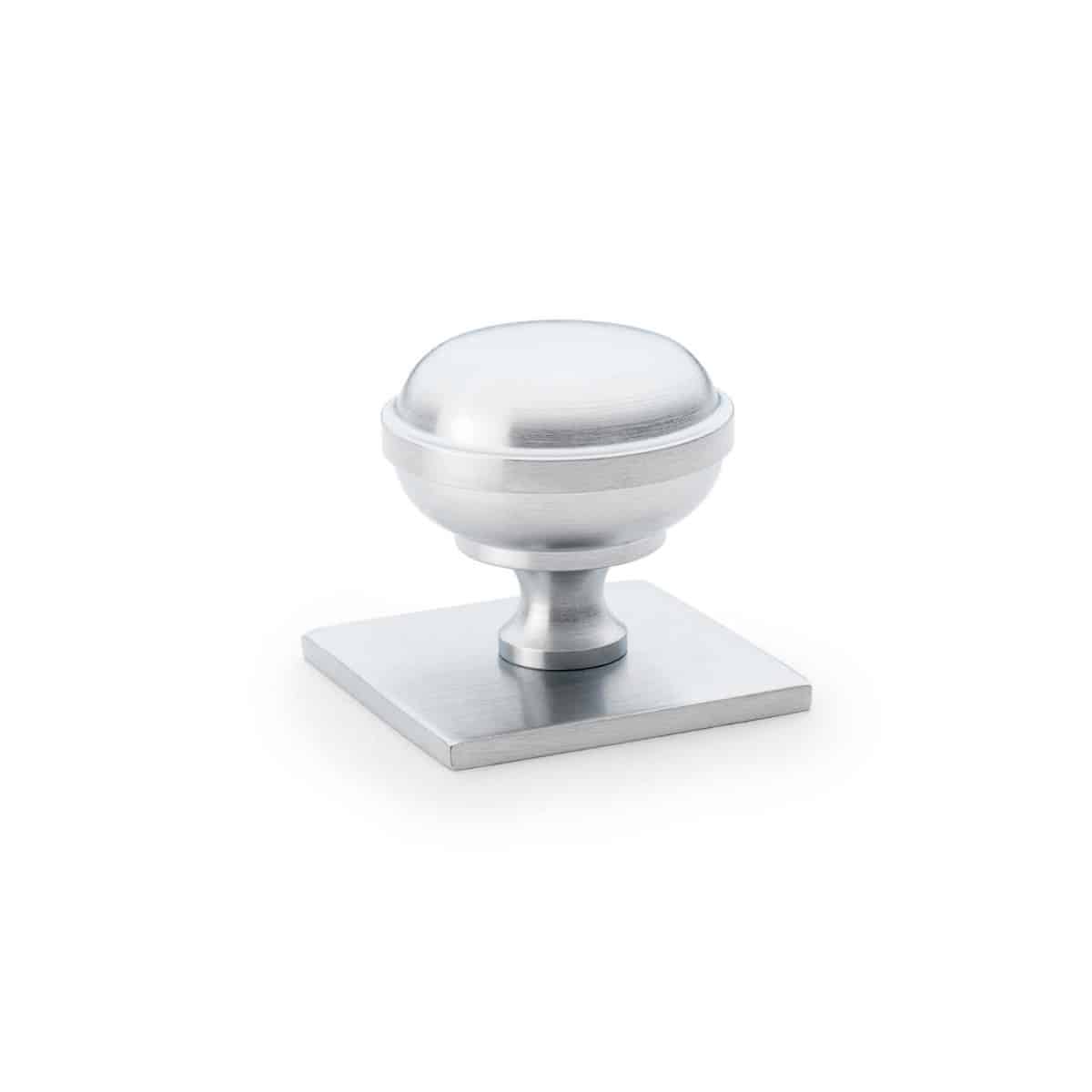 Alexander & Wilks - Quantock Cupboard Knob on Square Backplate - Satin Chrome - 34mm