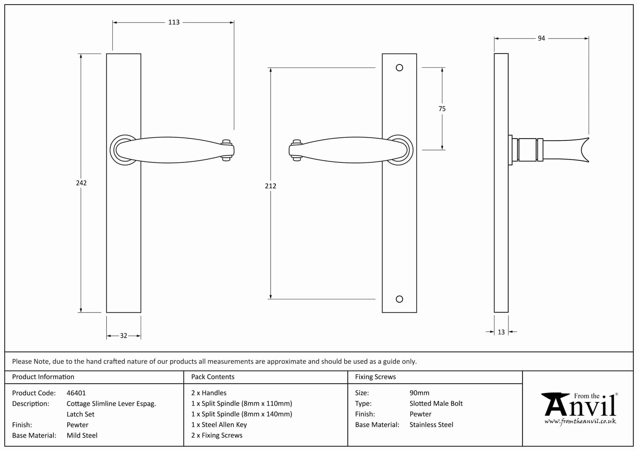 Pewter Cottage Slimline Lever Espag. Latch Set 3