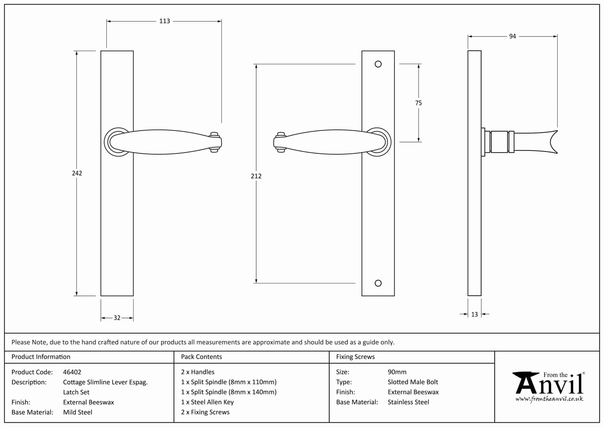 External Beeswax Cottage Slimline Lever Espag. Latch Set