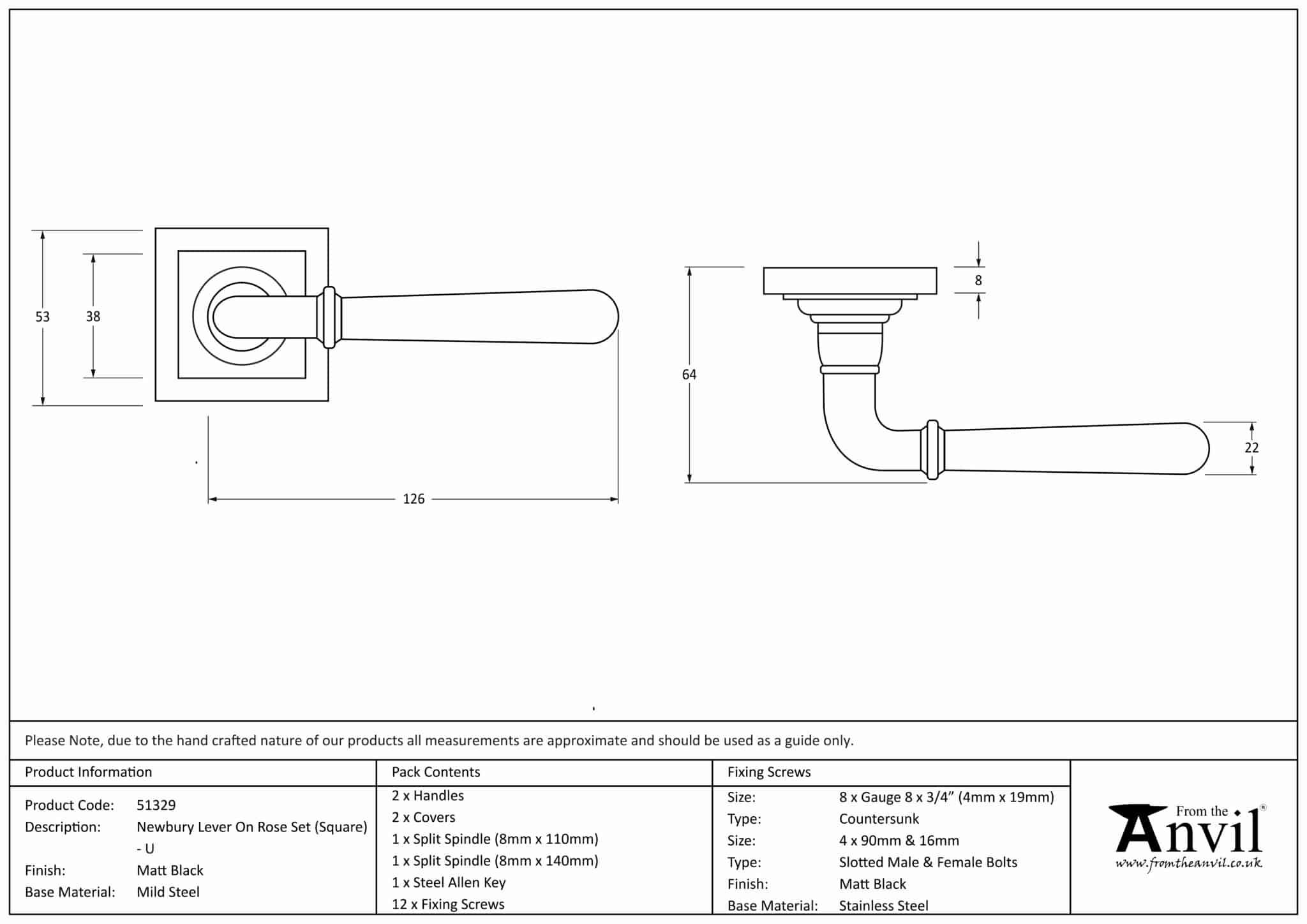Matt Black Newbury Lever on Rose Set (Square) - Unsprung 3