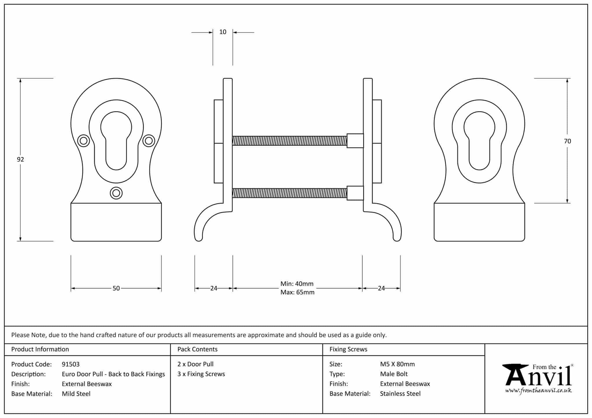 External Beeswax 50mm Euro Door Pull (Back to Back fixings) 3