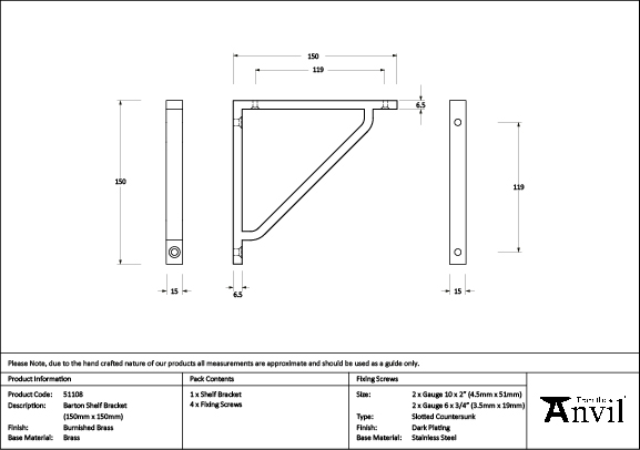 Burnished Brass Barton Shelf Bracket (150mm x 150mm) - Image 2