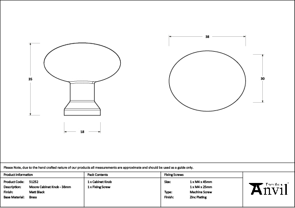 Matt Black Moore Cabinet Knob - 38mm - Image 2