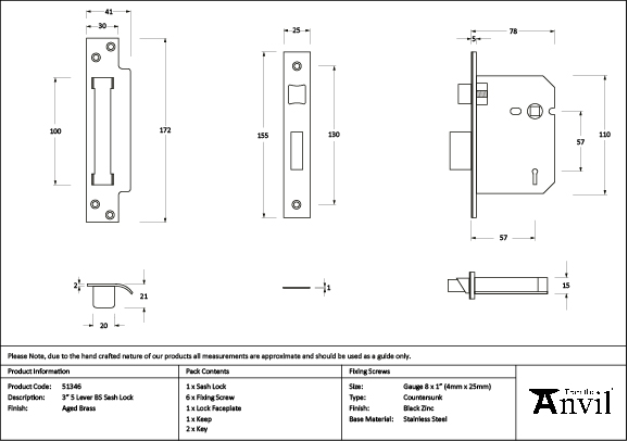 Aged Brass 3" 5 Lever BS Sash Lock - Image 2