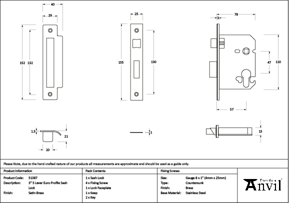 Satin Brass 3" Euro Profile Sash Lock - Image 2
