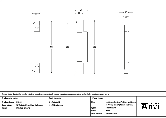 Polished Chrome ½" Rebate Kit for Euro Sash Lock - Image 2