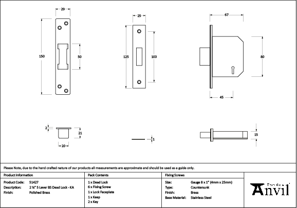 Polished Brass 2½" 5 Lever BS Dead Lock KA - Image 2