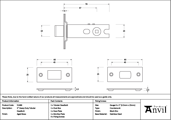 Aged Brass 3" Heavy Duty Tubular Deadbolt - Image 2