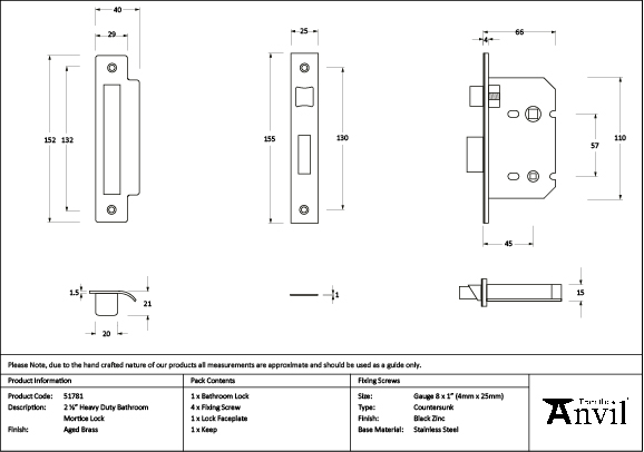 Aged Brass 2½" Heavy Duty Bathroom Mortice Lock - Image 2