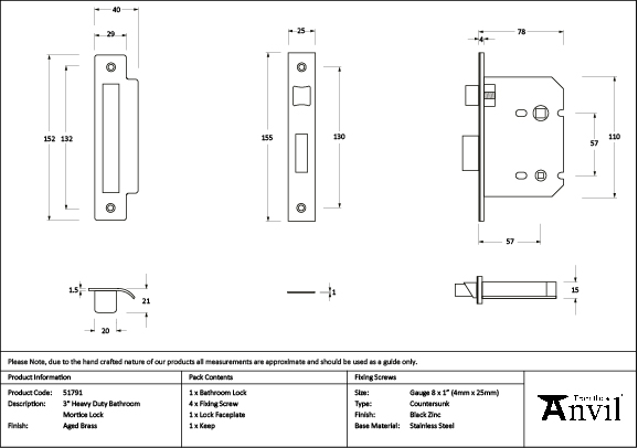 Aged Brass 3" Heavy Duty Bathroom Mortice Lock - Image 2