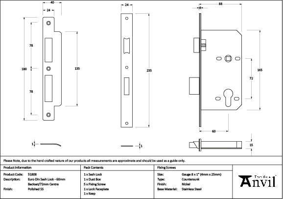 Polished SS Euro Din Sash Lock - 60mm Backset/72mm Centre - Image 2