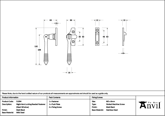 Matt Black Night-Vent Locking Reeded Fastener (Steel Window) - Image 2