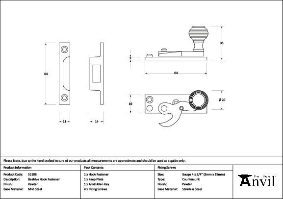 Pewter Beehive Sash Hook Fastener - Image 2